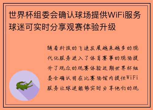 世界杯组委会确认球场提供WiFi服务球迷可实时分享观赛体验升级